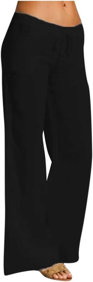 Womens Linen Pants Elastic High Waisted Straight Leg Palazzo Pants with Pockets Solid Comfy Baggy Jogger Trousers