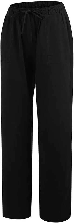 Womens Linen Pants Elastic High Waisted Straight Leg Palazzo Pants with Pockets Solid Comfy Baggy Jogger Trousers