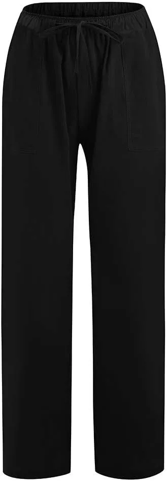 Womens Linen Pants Elastic High Waisted Straight Leg Palazzo Pants with Pockets Solid Comfy Baggy Jogger Trousers