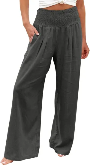 Women's Linen Pants, Summer Fall Wide Leg Palazzo Pants High Waisted Drawstring Leg Capri Pants Cotton Trousers with Pocket