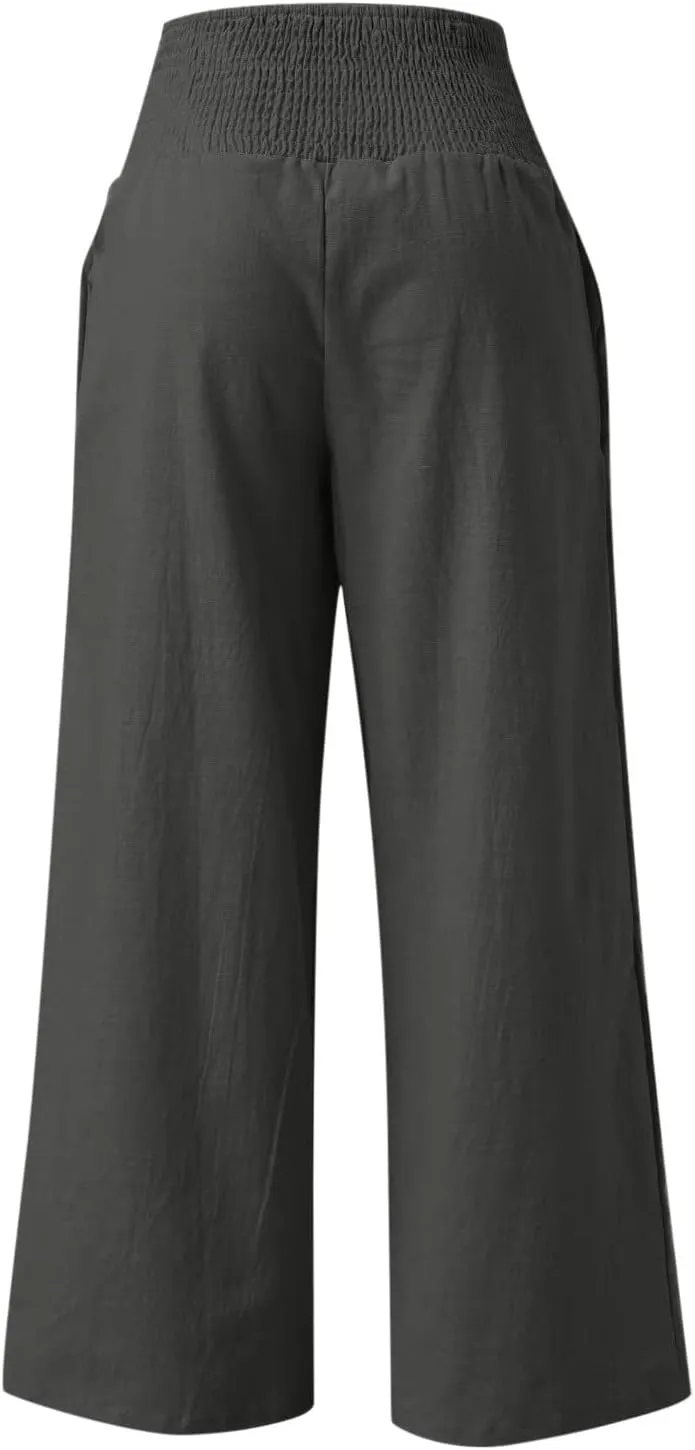 Women's Linen Pants, Summer Fall Wide Leg Palazzo Pants High Waisted Drawstring Leg Capri Pants Cotton Trousers with Pocket