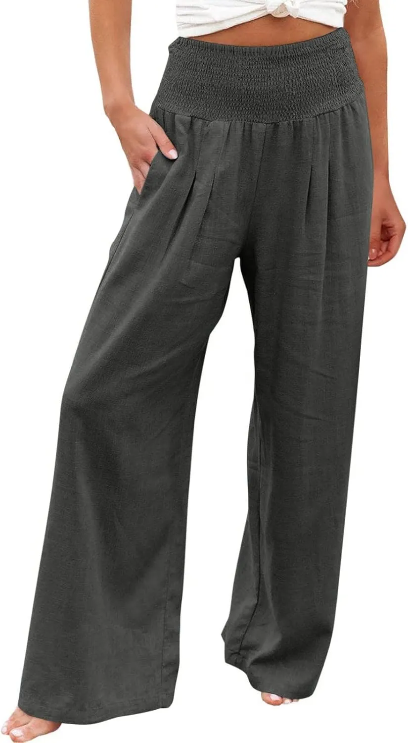Women's Linen Pants, Summer Fall Wide Leg Palazzo Pants High Waisted Drawstring Leg Capri Pants Cotton Trousers with Pocket