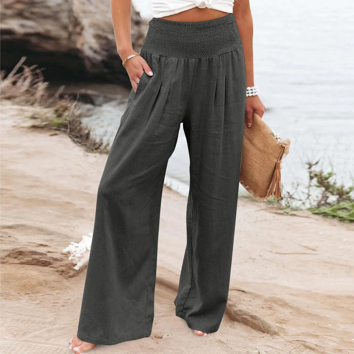 Women's Linen Pants, Summer Fall Wide Leg Palazzo Pants High Waisted Drawstring Leg Capri Pants Cotton Trousers with Pocket