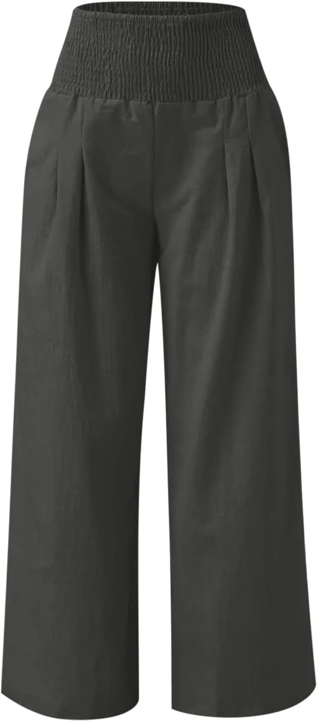 Women's Linen Pants, Summer Fall Wide Leg Palazzo Pants High Waisted Drawstring Leg Capri Pants Cotton Trousers with Pocket