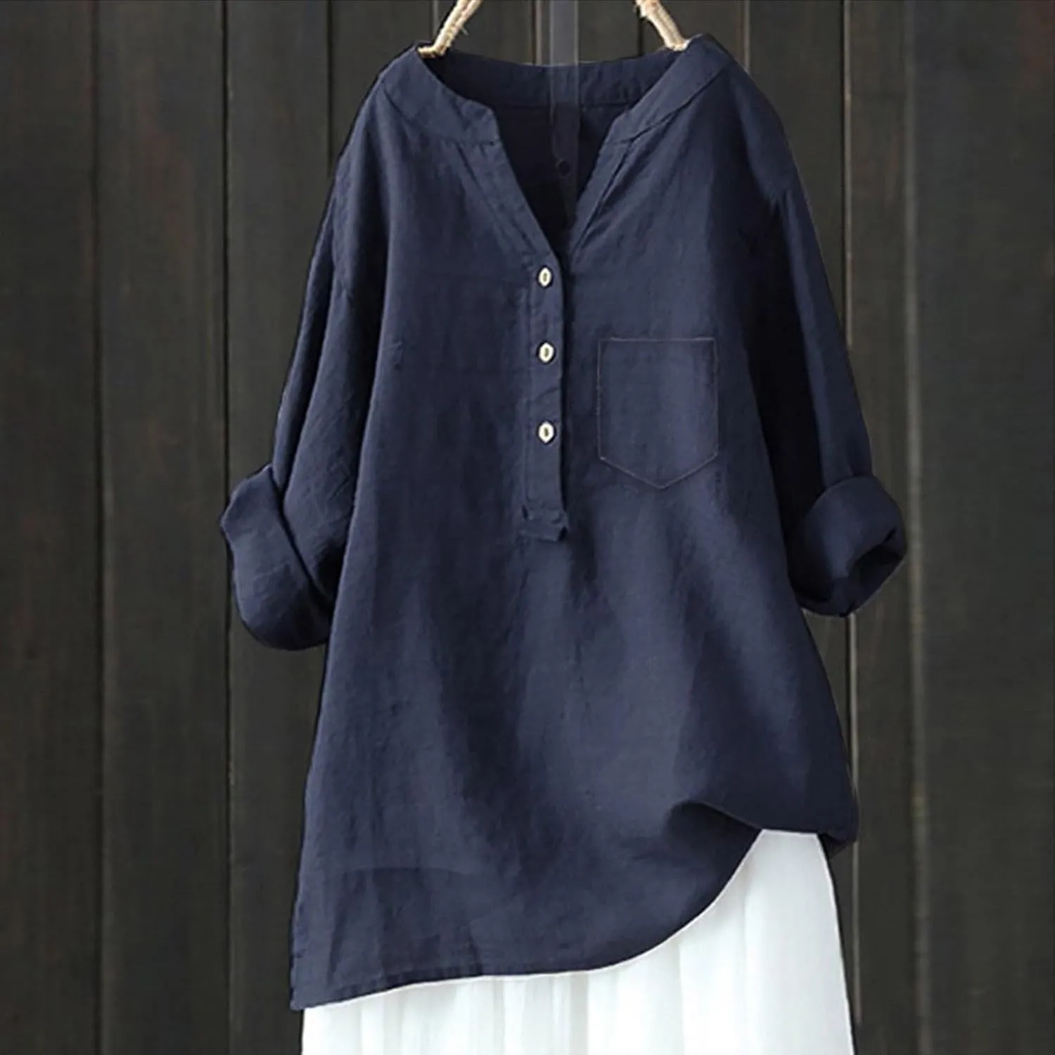 Womens Linen Shirts V Neck Buttons Blouse Bohemian Boho Basic Tops Short Sleeve Loose T-Shirt