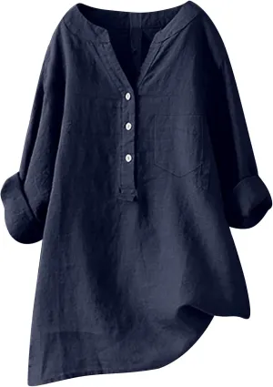Womens Linen Shirts V Neck Buttons Blouse Bohemian Boho Basic Tops Short Sleeve Loose T-Shirt