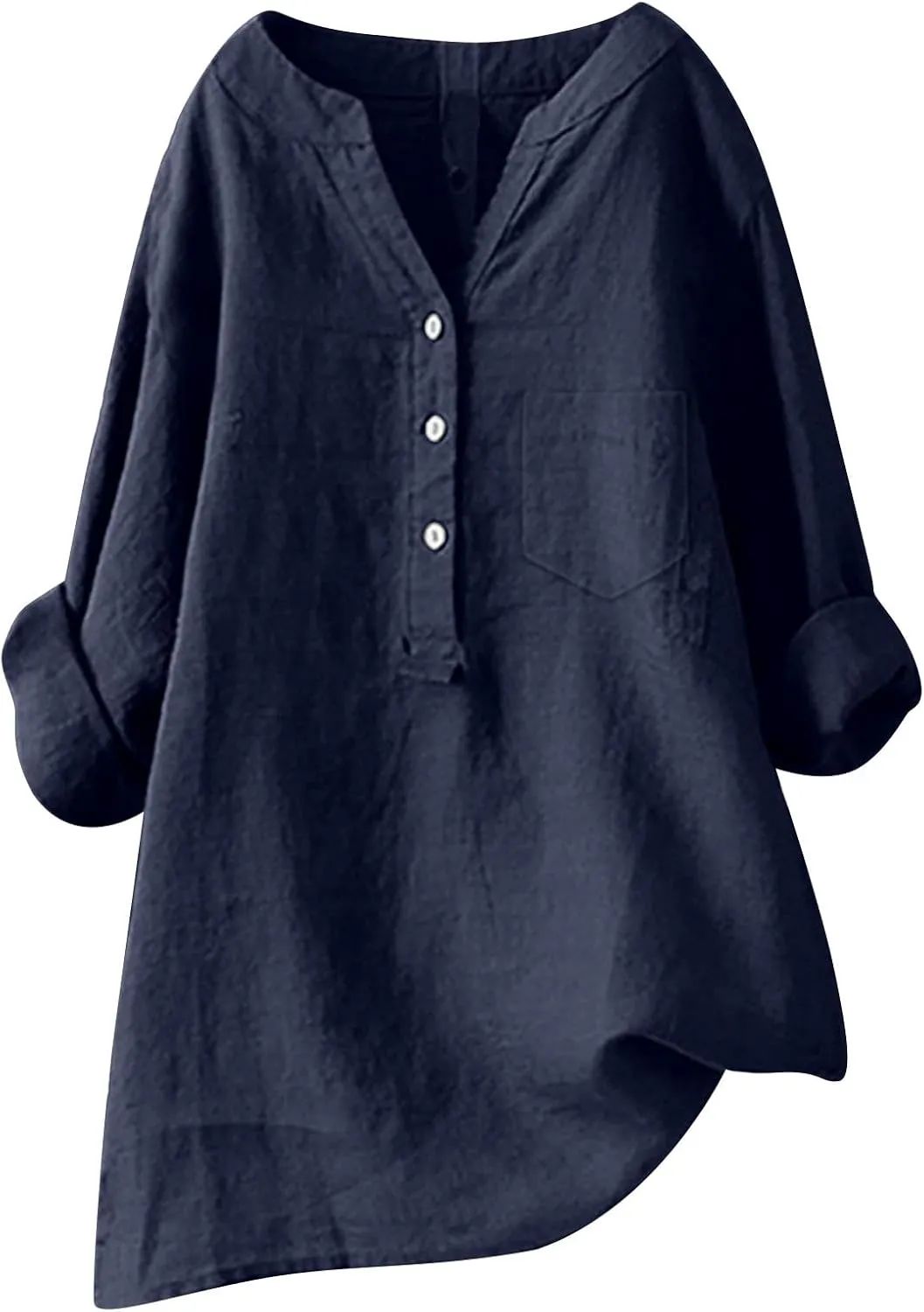 Womens Linen Shirts V Neck Buttons Blouse Bohemian Boho Basic Tops Short Sleeve Loose T-Shirt