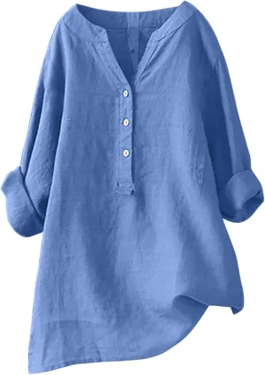 Womens Linen Shirts V-Neck Buttons Blouses Embroidery Plus Size Tops Short Sleeve Loose Fit T Shirts