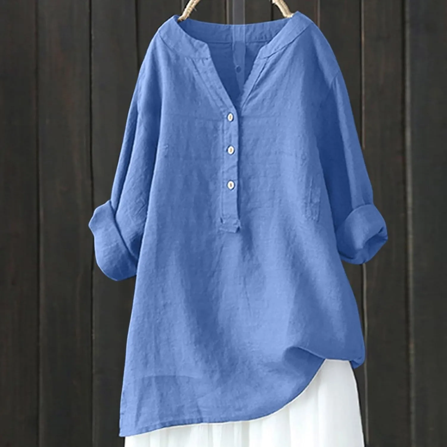 Womens Linen Shirts V-Neck Buttons Blouses Embroidery Plus Size Tops Short Sleeve Loose Fit T Shirts