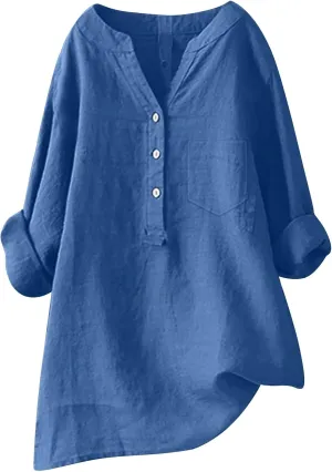 Womens Linen Shirts V-Neck Buttons Blouses Floral Print Trendy Tshirts Long Sleeve Loose T Shirts