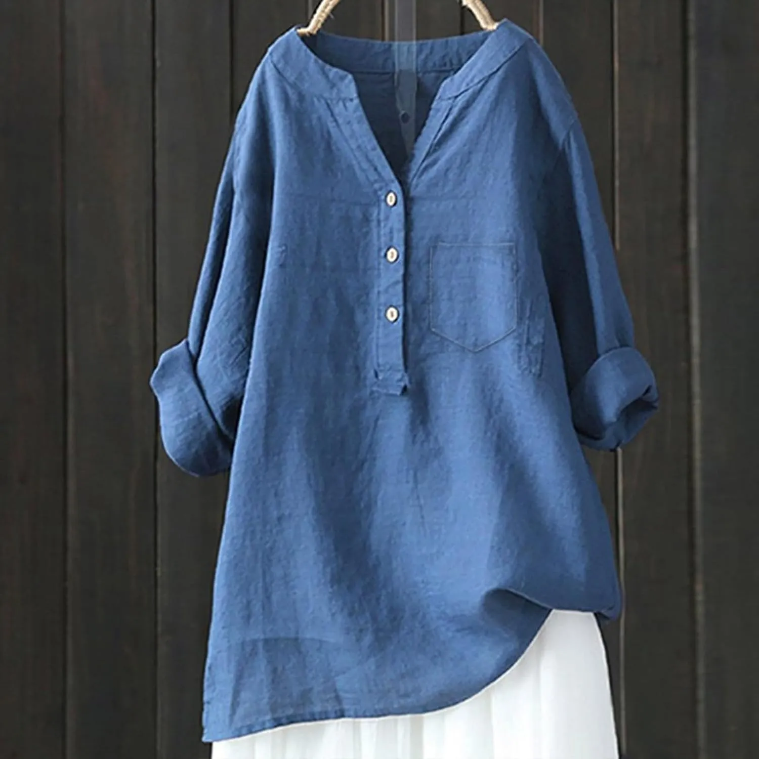Womens Linen Shirts V-Neck Buttons Blouses Floral Print Trendy Tshirts Long Sleeve Loose T Shirts