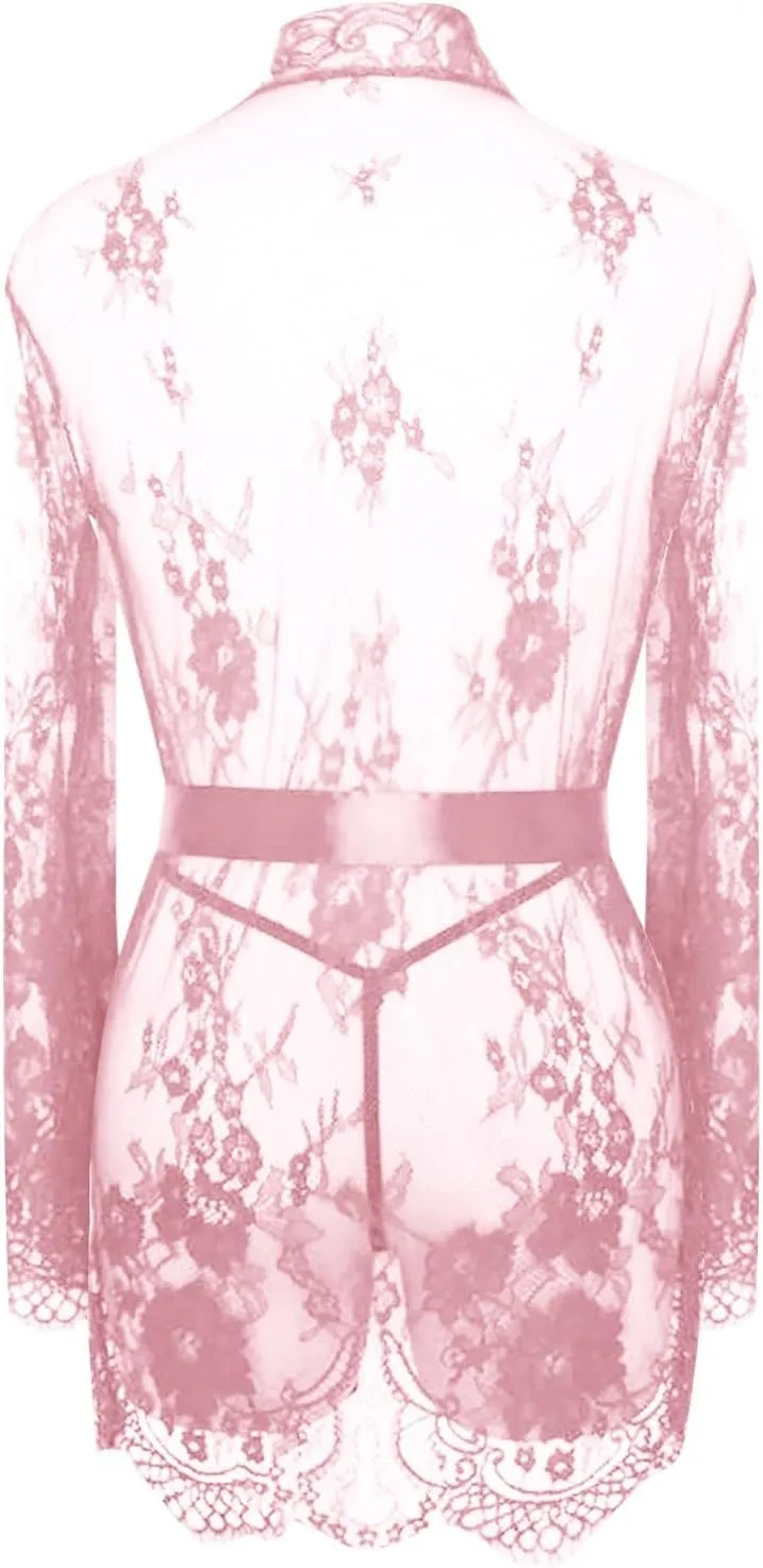 Women's Lingerie, Sleep& Lounge Long Sleeve Lace Belt with Bow Knot Sleepwear See Through Nightgown Teddy Robe