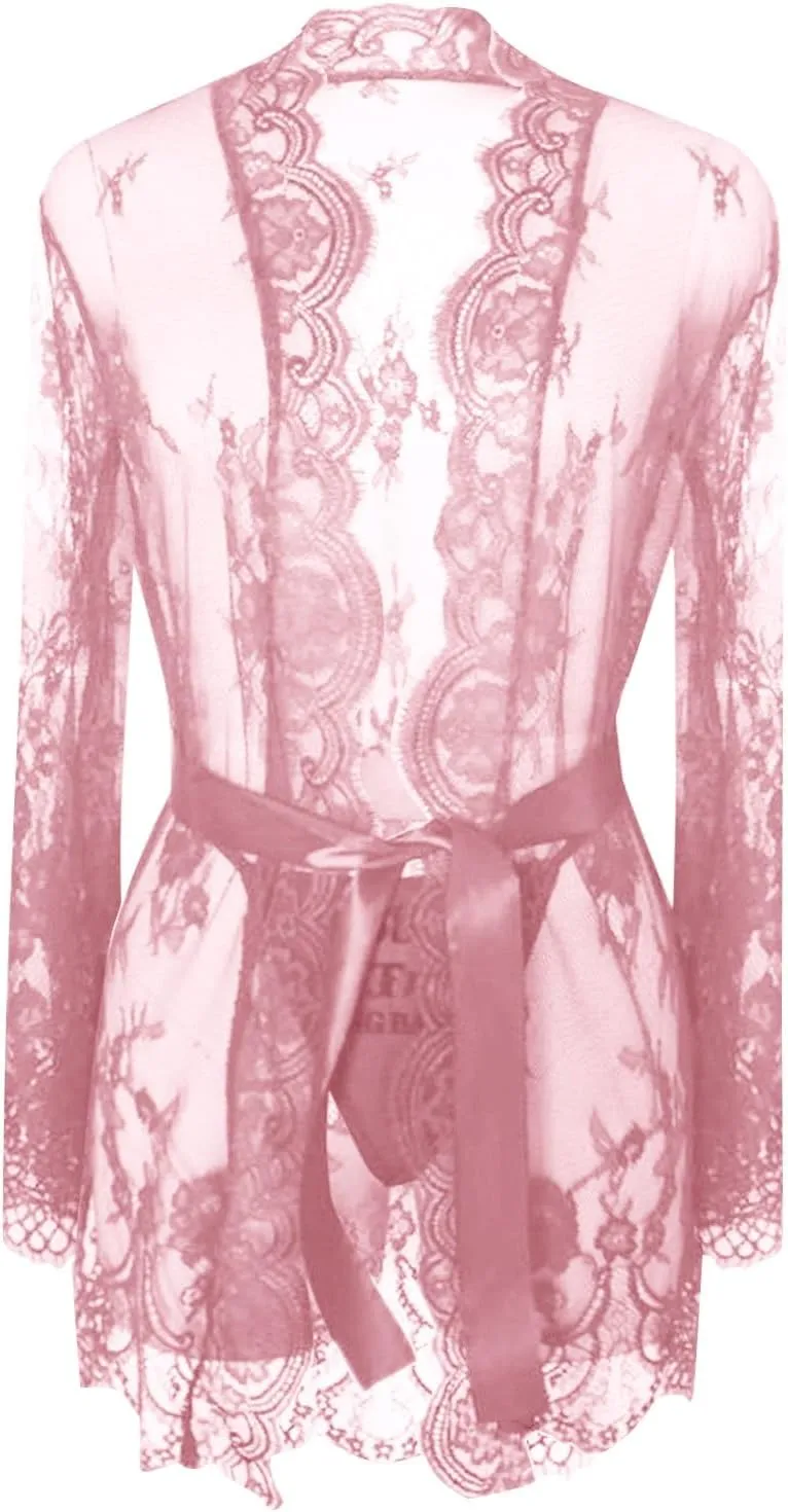 Women's Lingerie, Sleep& Lounge Long Sleeve Lace Belt with Bow Knot Sleepwear See Through Nightgown Teddy Robe