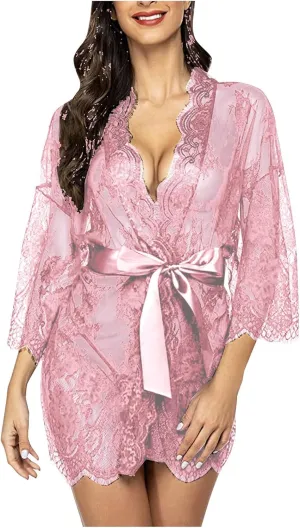 Women's Lingerie, Sleep& Lounge Long Sleeve Lace Belt with Bow Knot Sleepwear See Through Nightgown Teddy Robe