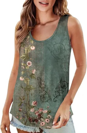 Womens Loose Fit Casual Flowy Tank Tops 2D Printed Casual Loose and Versatile Vest Suspender Plus Sleeveless Shirts