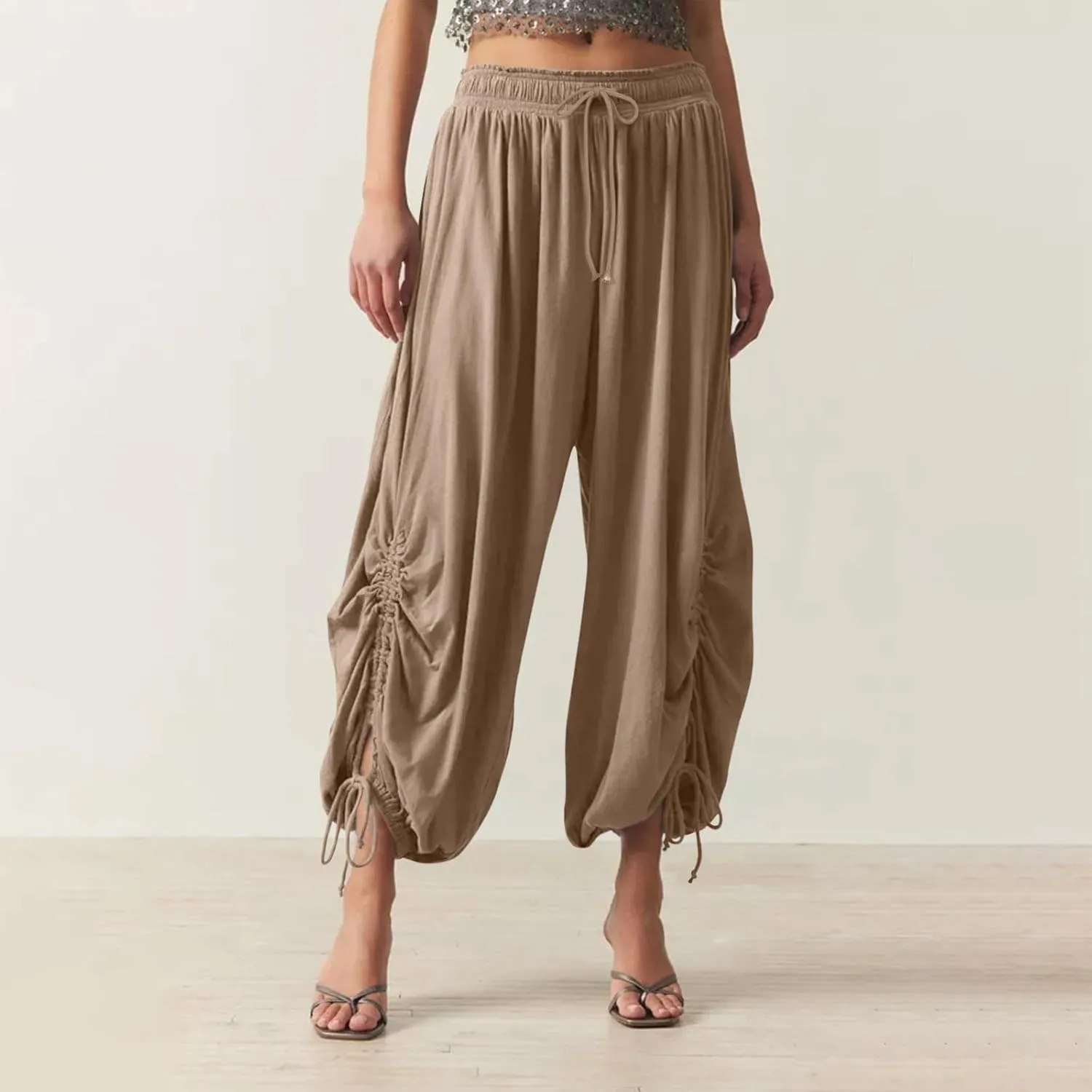 Womens Loose Wide Leg Pants Drawstring Split Hem Palazzo Pants Elastic High Waist Cropped Pants Pleated Trousers