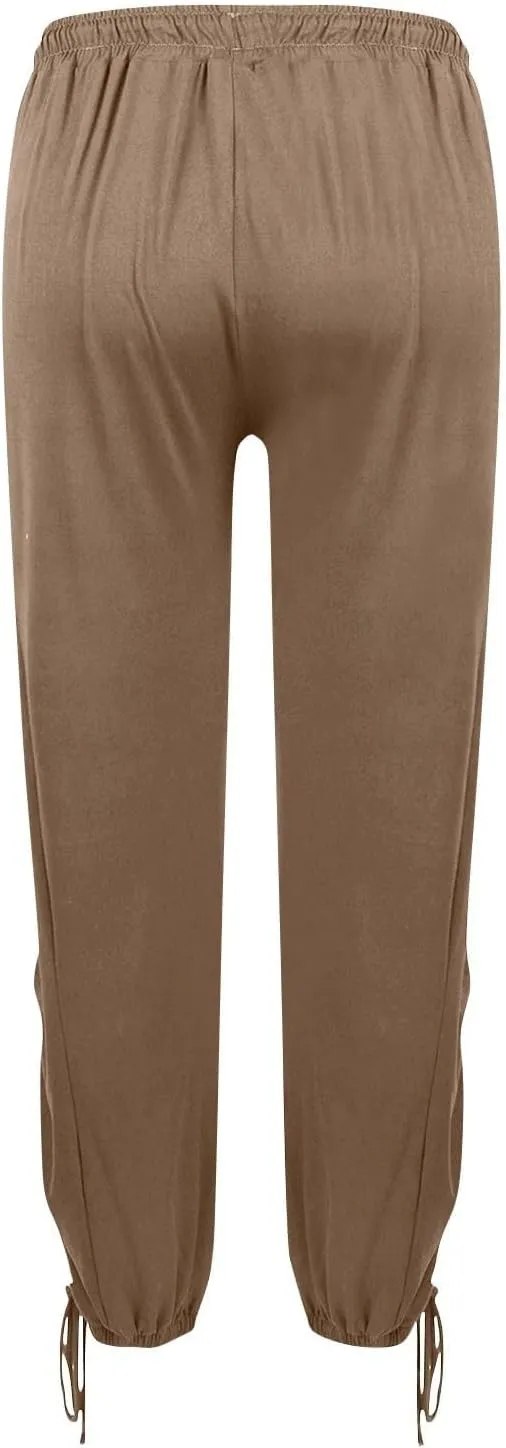 Womens Loose Wide Leg Pants Drawstring Split Hem Palazzo Pants Elastic High Waist Cropped Pants Pleated Trousers