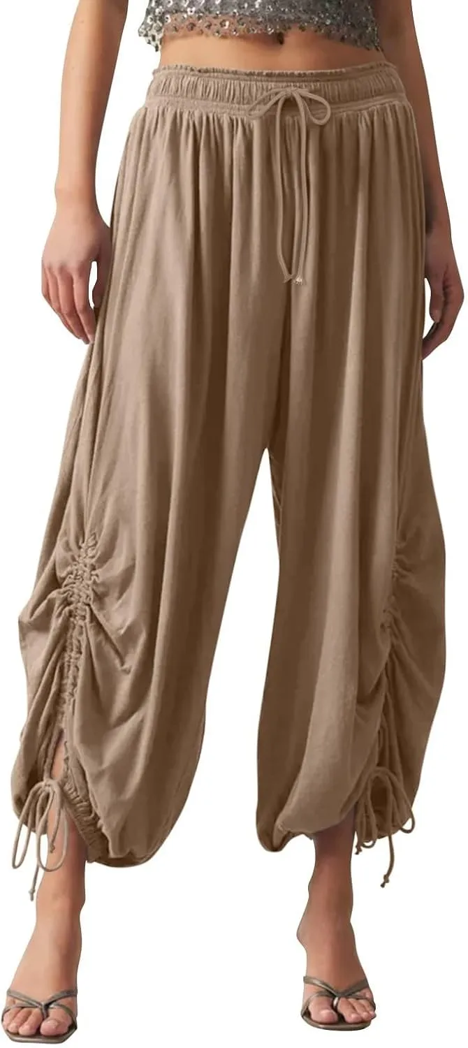 Womens Loose Wide Leg Pants Drawstring Split Hem Palazzo Pants Elastic High Waist Cropped Pants Pleated Trousers