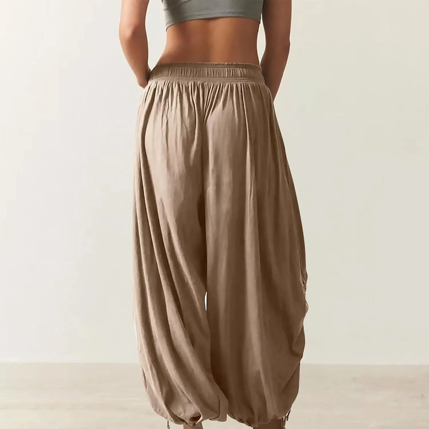 Womens Loose Wide Leg Pants Drawstring Split Hem Palazzo Pants Elastic High Waist Cropped Pants Pleated Trousers
