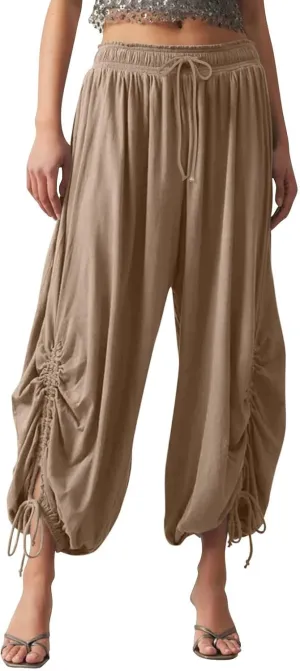 Womens Loose Wide Leg Pants Drawstring Split Hem Palazzo Pants Elastic High Waist Cropped Pants Pleated Trousers
