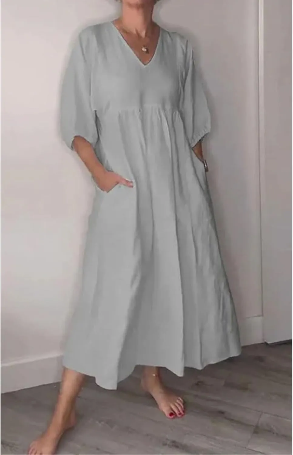 Womens Maxi Dress Summer Plus Size Cotton Linen Dresses Short Sleeve Summer Midi Dress V Neck Beach Sundress Pockets