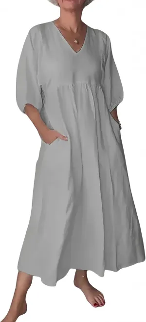 Womens Maxi Dress Summer Plus Size Cotton Linen Dresses Short Sleeve Summer Midi Dress V Neck Beach Sundress Pockets