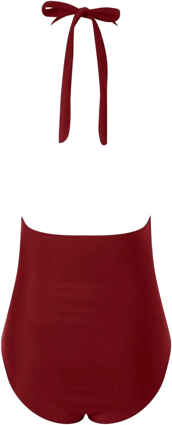 Women's One Piece Swimsuit Tummy Control V Neck Ruched Bathing Suits Halter Slim Fit Monokini Sexy Backless Swimwear