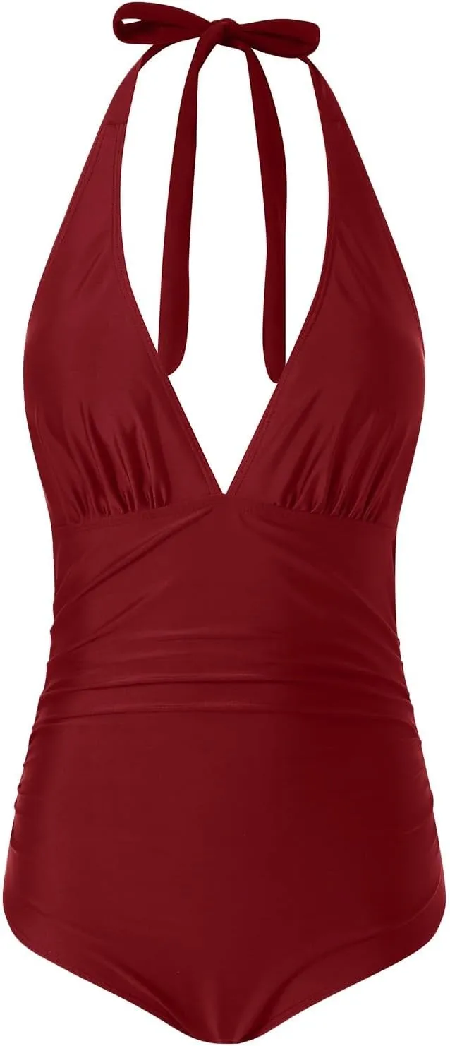 Women's One Piece Swimsuit Tummy Control V Neck Ruched Bathing Suits Halter Slim Fit Monokini Sexy Backless Swimwear