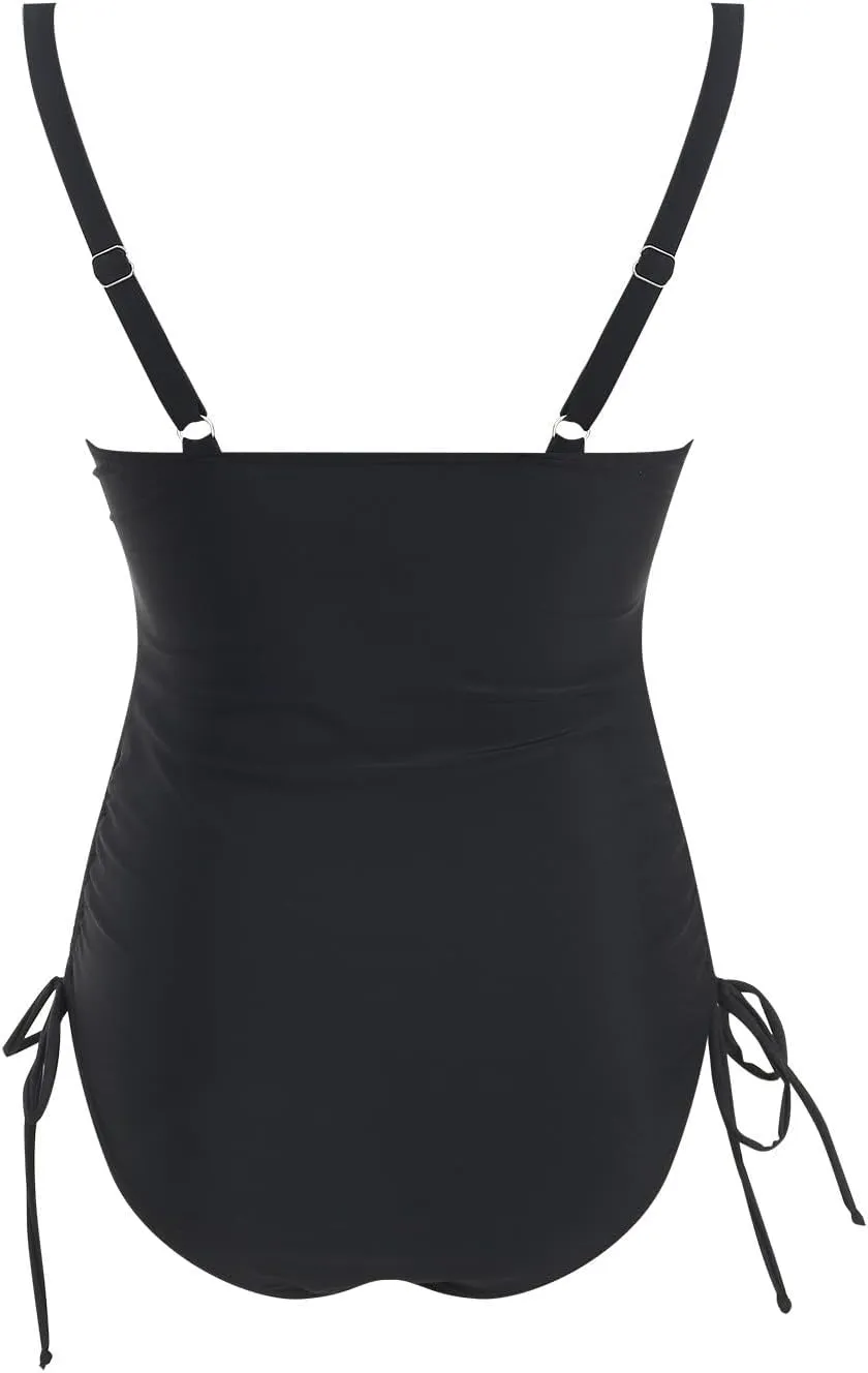 Women's One Piece Swimsuits Tummy Control V Neck Slimming High Ruched Bathing Suit Sexy Backless Criss Cross Swimwear