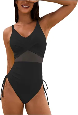 Women's One Piece Swimsuits Tummy Control V Neck Slimming High Ruched Bathing Suit Sexy Backless Criss Cross Swimwear