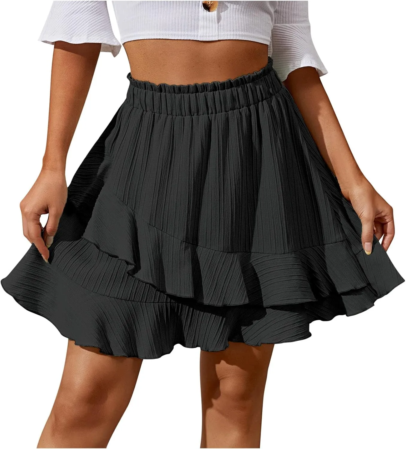 Womens Ruffle Mini Skirt Layered Cute High Waisted Mini Skirts A Line Flared Pleated Casual Swing A-Line Short Skirt