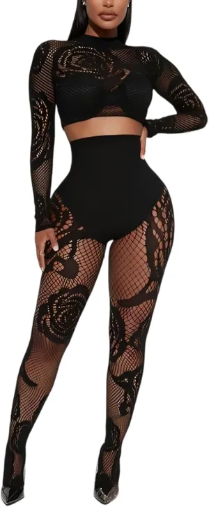 Women's Sexy Fishnet Seamless 2 Piece Outfits Mock Neck Long Sleeve Crop Top Legging Set Club Lingerie Sets
