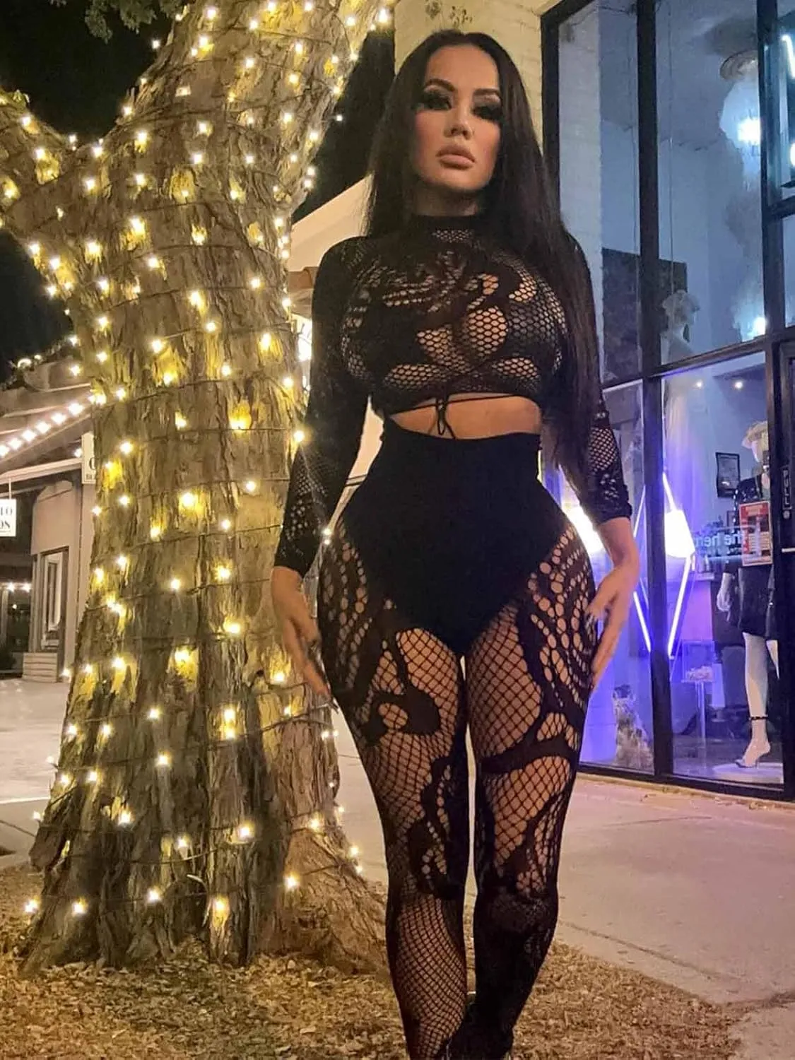 Women's Sexy Fishnet Seamless 2 Piece Outfits Mock Neck Long Sleeve Crop Top Legging Set Club Lingerie Sets