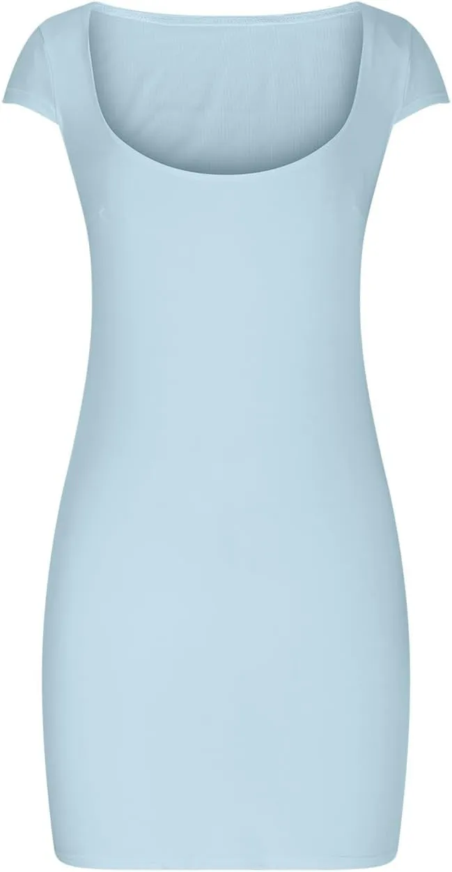 Women's Sexy Square Neck Cap Sleeve Dress Casual Solid Color Bodycon Short Dresses 2025 Summer Trendy Slim Mini Dress