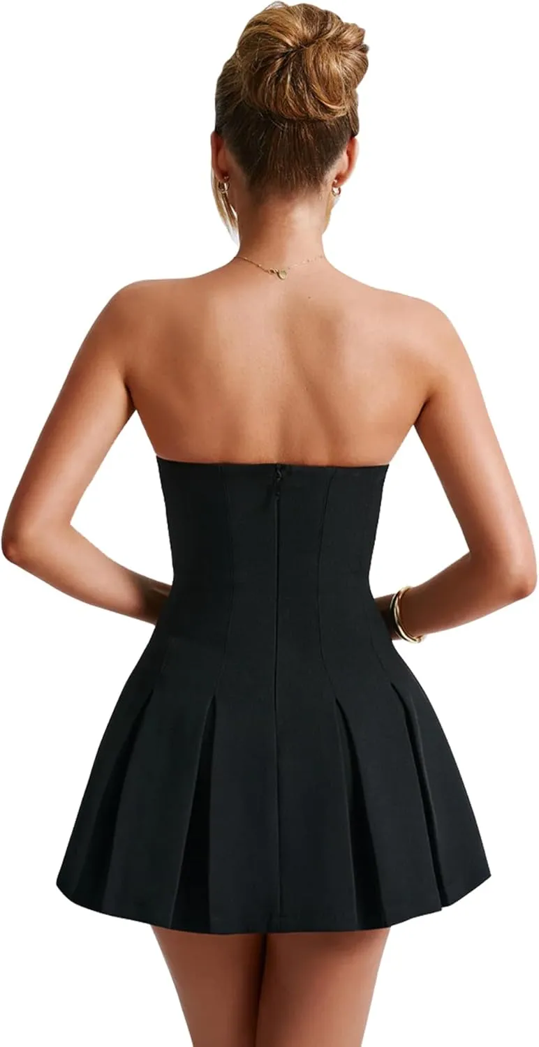 Women's Sexy Strapless Ruched Pleated Tube Mini Dress Y2K Sleeveless A Line Bodycon Short Dress