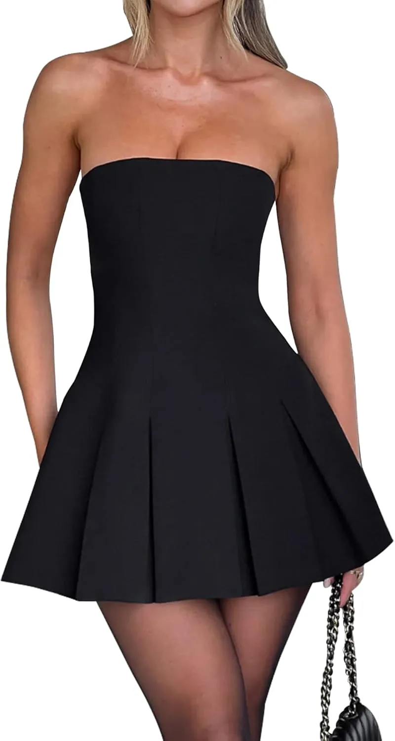 Women's Sexy Strapless Ruched Pleated Tube Mini Dress Y2K Sleeveless A Line Bodycon Short Dress