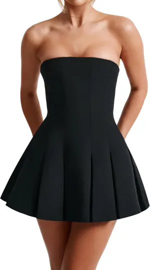 Women's Sexy Strapless Ruched Pleated Tube Mini Dress Y2K Sleeveless A Line Bodycon Short Dress