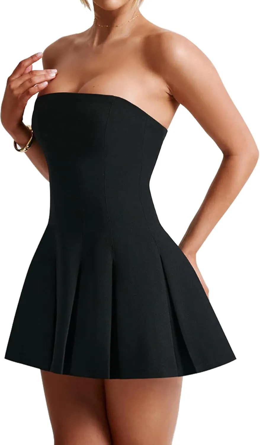 Women's Sexy Strapless Ruched Pleated Tube Mini Dress Y2K Sleeveless A Line Bodycon Short Dress
