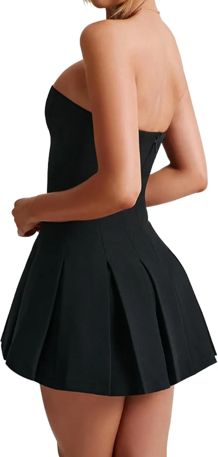 Women's Sexy Strapless Ruched Pleated Tube Mini Dress Y2K Sleeveless A Line Bodycon Short Dress