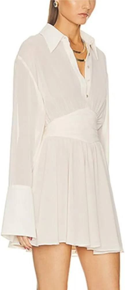 Women's Shirt Dress A Line Mini Dress Button V Neck Pleated Short Shirt Dress Elegant Party Club Dress