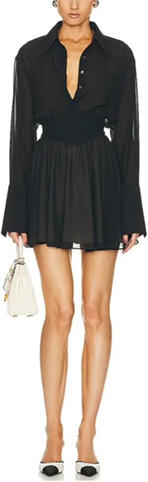 Women's Shirt Dress A Line Mini Dress Button V Neck Pleated Short Shirt Dress Elegant Party Club Dress