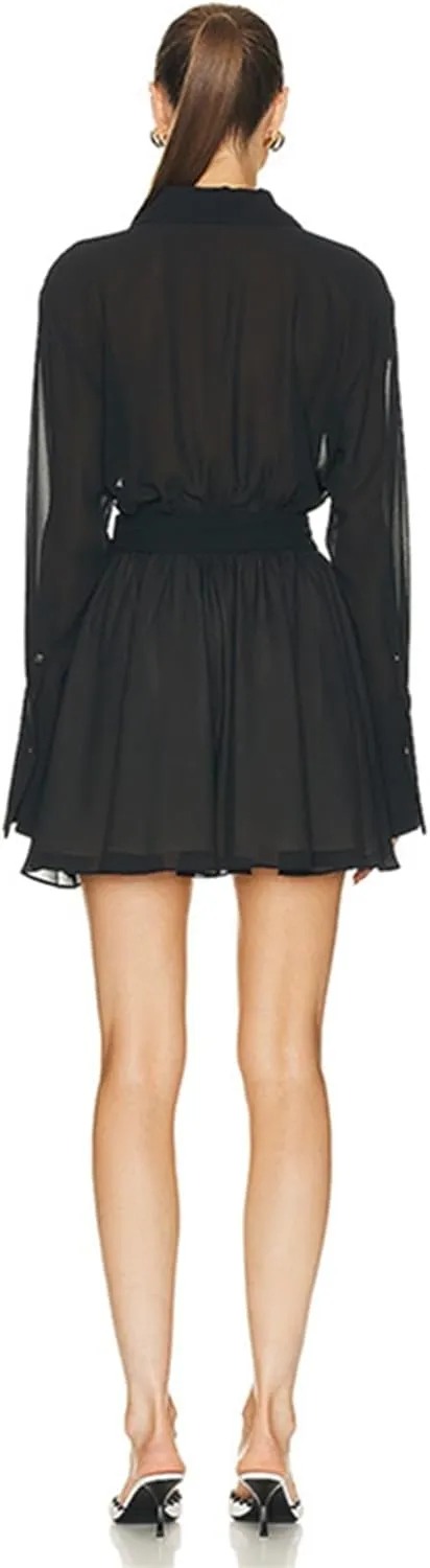 Women's Shirt Dress A Line Mini Dress Button V Neck Pleated Short Shirt Dress Elegant Party Club Dress