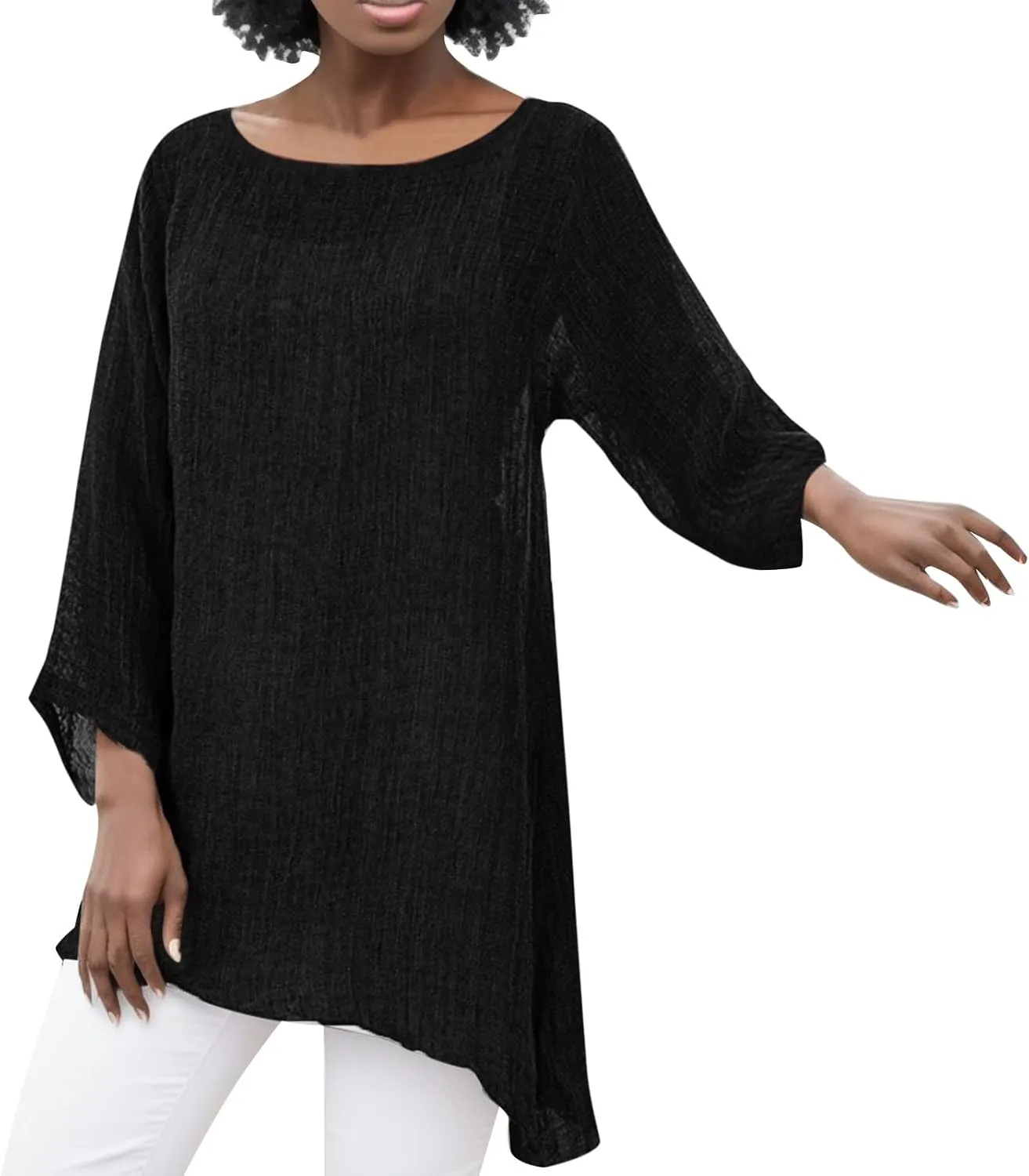 Women's Short Sleeve Linen Shirt Casual Round Neck Soft T-Shirts Floral Loose Summer Tee Top