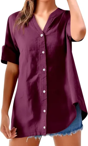 Women's Short Sleeve Linen Shirts Casual Crew Neck Beach T-Shirts Collared Button Down Loose Summer Tshirts