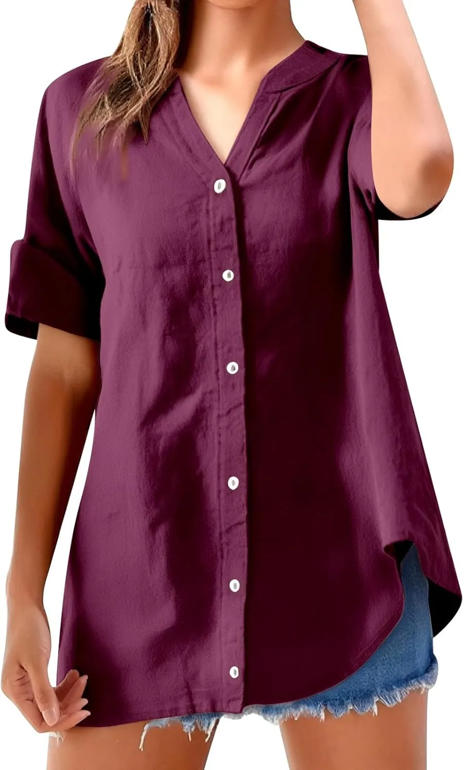 Women's Short Sleeve Linen Shirts Casual Crew Neck Beach T-Shirts Collared Button Down Loose Summer Tshirts