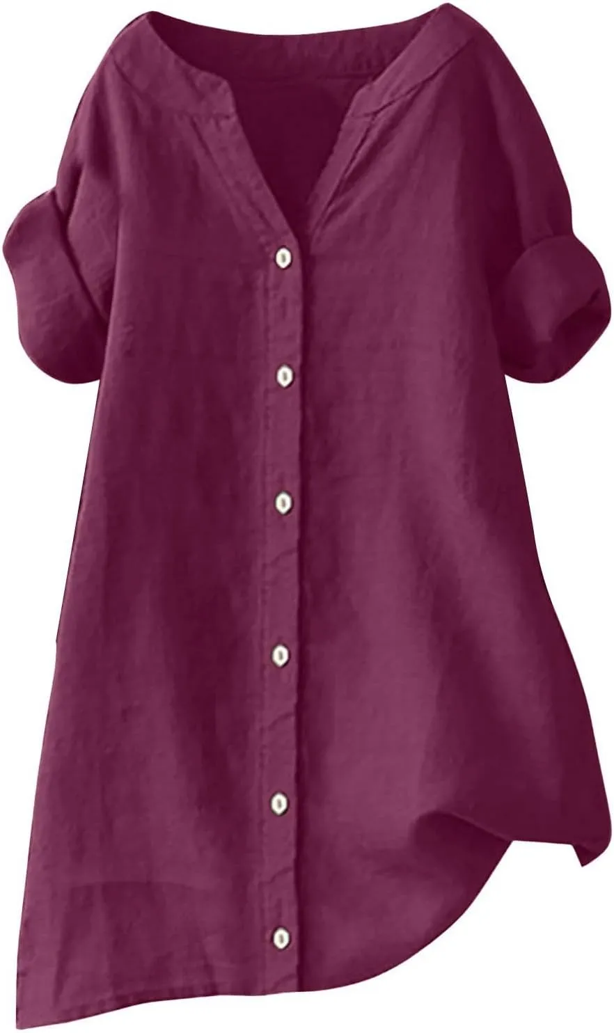Women's Short Sleeve Linen Shirts Casual Crew Neck Beach T-Shirts Collared Button Down Loose Summer Tshirts