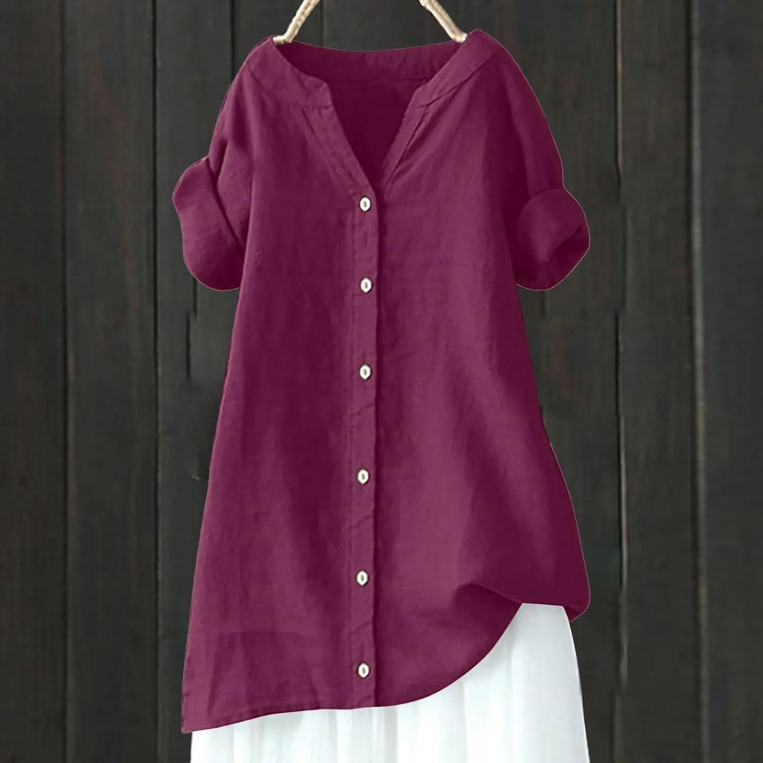 Women's Short Sleeve Linen Shirts Casual Crew Neck Beach T-Shirts Collared Button Down Loose Summer Tshirts
