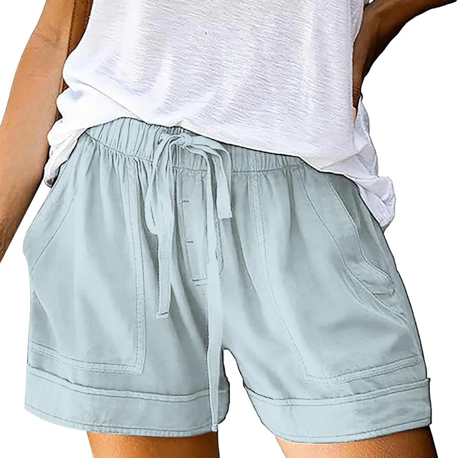 Womens Shorts 2025 Summer Casual Trendy Solid Pants High Waist Elastic Drawstring Comfy Lightweight with Deep Pockets