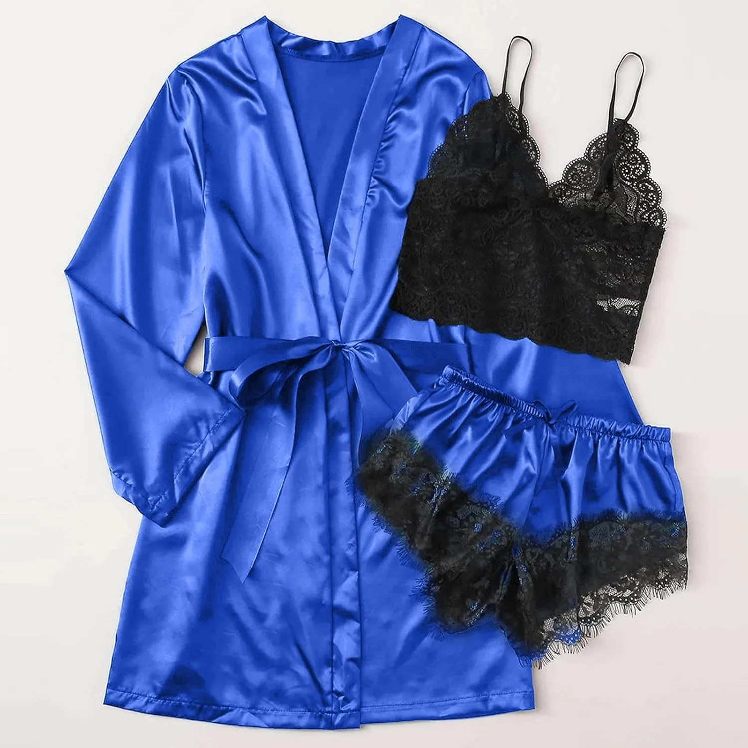 Women's Silk Satin Pajamas Sets 3 Piece Sexy Floral Lace Cami Top Sleepwear and Robes with Belt Smooth Nightwear