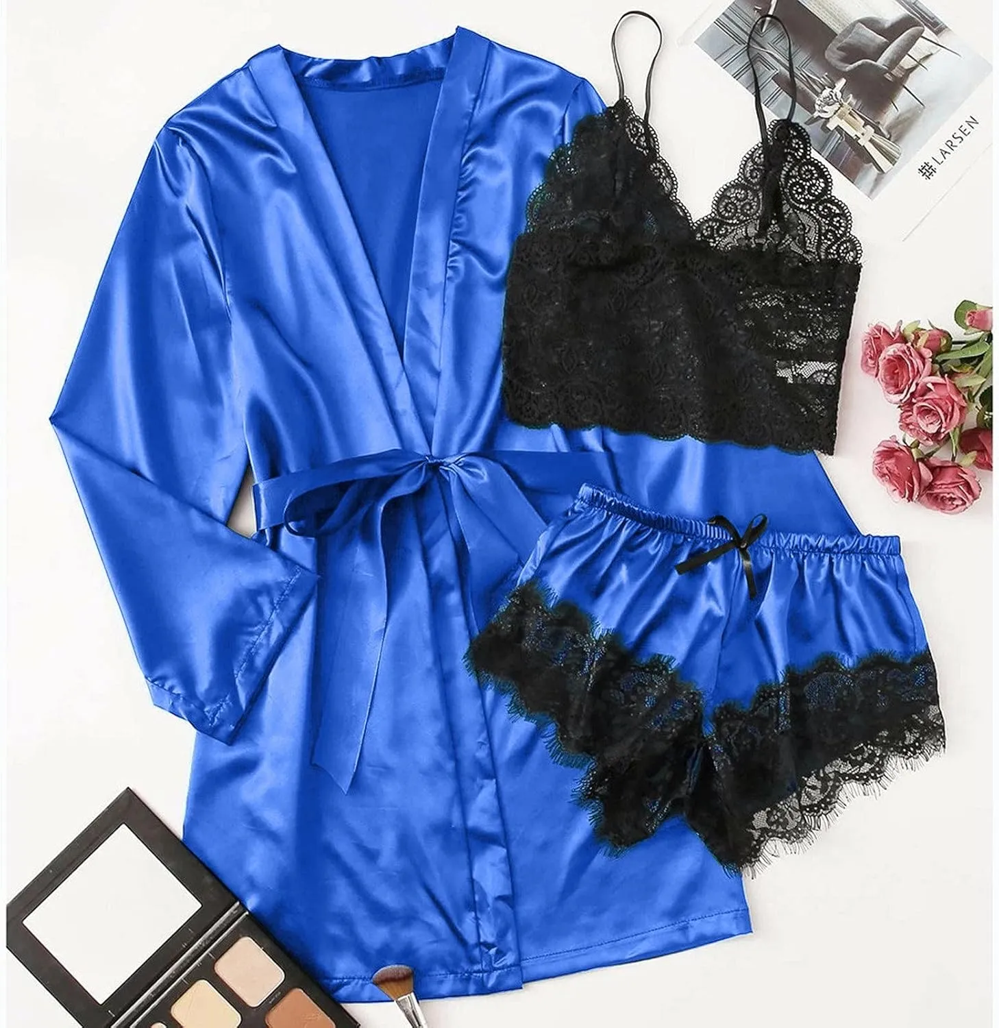 Women's Silk Satin Pajamas Sets 3 Piece Sexy Floral Lace Cami Top Sleepwear and Robes with Belt Smooth Nightwear